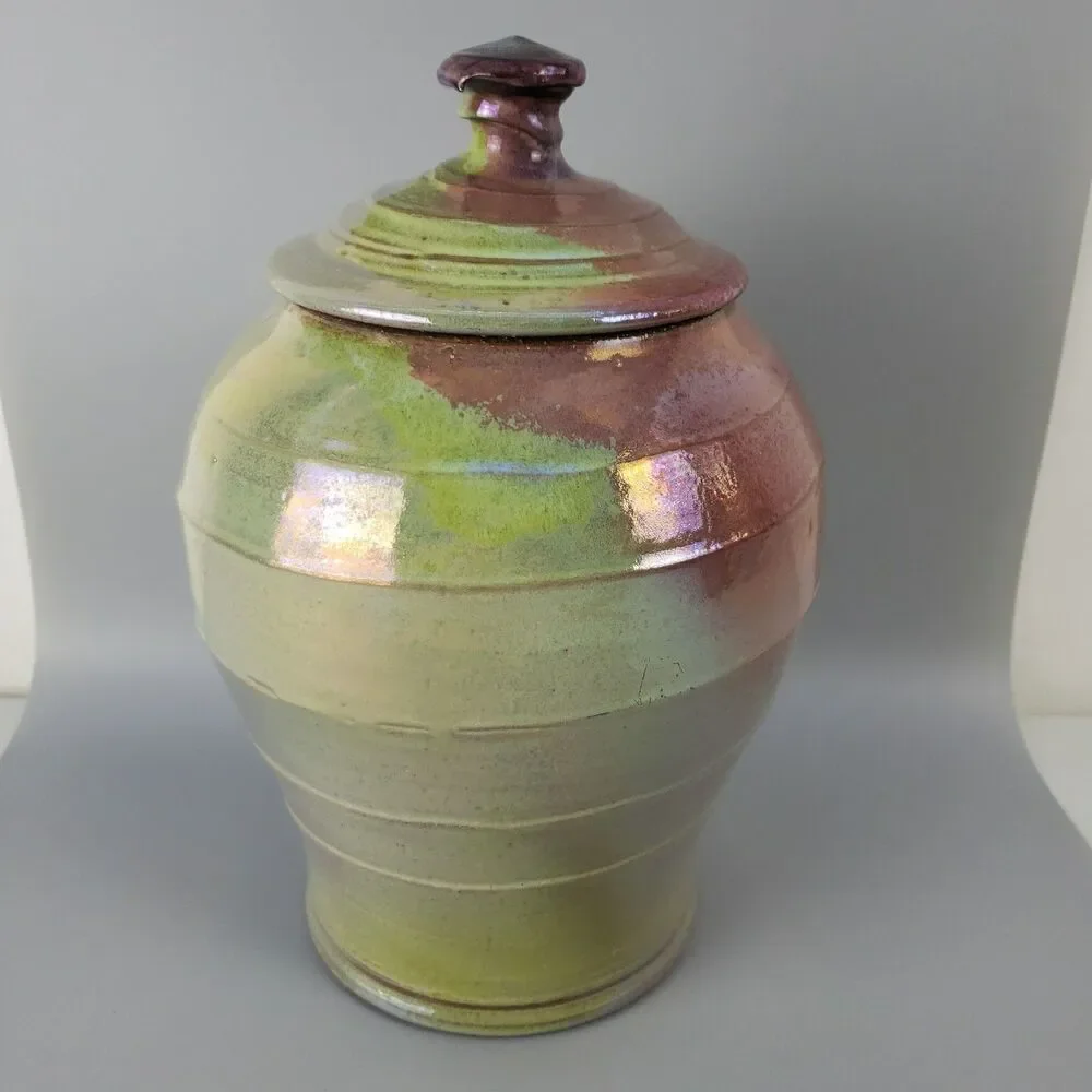 Studio Art Pottery Ginger Jar Lidded Iridescent Glaze Canister Swirl Signed 1991